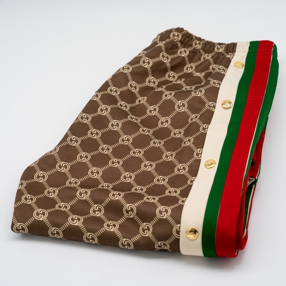 size M Gucci Women GG Cropped Track Pants Tear Away Buttons Web Beige Brown - Picture 8 of 15